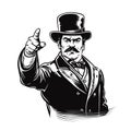 Man in vintage hat threateningly pointing with his finger. Vector black vintage engraved illustration of aggression Royalty Free Stock Photo