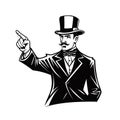 Man in vintage hat threateningly pointing with his finger. Vector black vintage engraved illustration of aggression