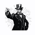 Man in vintage hat threateningly pointing with his finger. Vector black vintage engraved illustration of aggression Royalty Free Stock Photo