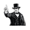 Man in vintage hat threateningly pointing with his finger. Vector black vintage engraved illustration of aggression