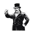 Man in vintage hat threateningly showing his clenched fist. Vector black vintage engraved illustration of aggression