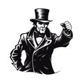 Man in vintage hat threateningly showing his clenched fist. Vector black vintage engraved illustration of aggression