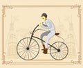 Man on vintage retro old bicycle on old city background. Vector