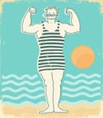 Man in vintage swimming dress on sun beach sea waves poster. Vector hand drawn retro illustration of vintage man wear bathing suit