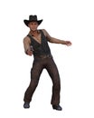 3D illustration of a wild west cowboy man with pistol aimed at the viewer isolated on white