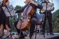 Male musician playing violoncello in orchestra on the street