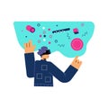 Man in virtual reality glasses exploring metaverse flat style