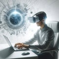 A man in virtual reality glasses at a laptop. Royalty Free Stock Photo