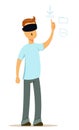 Man in virtual reality glasses working on startup idea. Modern young man, designer or programmer.