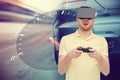 Man in virtual reality headset and car racing game Royalty Free Stock Photo