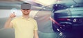 Man in virtual reality headset and car racing game Royalty Free Stock Photo