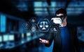 Man in Virtual Reality Headset Engaging with Digital Law and Ethics Concepts Representing Artificial Intelligence and Royalty Free Stock Photo