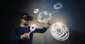 Man with virtual reality headset and Glowing circle technology interface Royalty Free Stock Photo