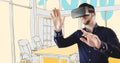 Man in virtual reality headset hands out against yellow hand drawn office Royalty Free Stock Photo