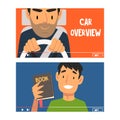 Man Vlogger Video Streaming in the Internet Making Car Overview and Book Vlog Vector Set