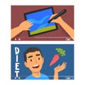 Man Vlogger Video Streaming in the Internet Making Diet and Drawing Vlog Vector Set