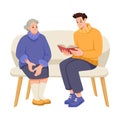 Man Volunteer Caring of Elderly Lady on Retirement Reading Book to Her Vector Illustration