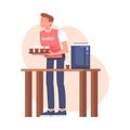 Man Volunteer Character Giving Hot Coffee as Humanitarian Aid and Help to Poor Vector Illustration
