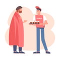 Man Volunteer Character Giving Hot Drink as Humanitarian Aid and Help to Poor Vector Illustration