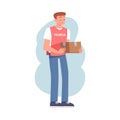 Man Volunteer Character Holding Cardboard Box Giving Humanitarian Aid and Help to Poor Vector Illustration