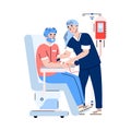 Man volunteer donating blood for transfusion flat vector illustration isolated.