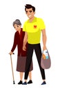 Man volunteer help senior woman with purchase