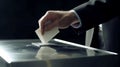 Man Voter Putting Ballot Into Voting box close-up. Generative AI.