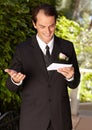 Man, vows and outdoor at wedding ceremony for marriage commitment, promise speech or romance party. Male person, paper Royalty Free Stock Photo
