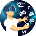 Man in a vr glasses in 3d virtual reality space icons Royalty Free Stock Photo