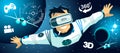 Man in a vr glasses in 3d virtual reality space icons