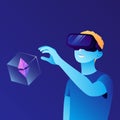 A man in VR glasses found a box with cryptocurrency. Blockchain VR Games. P2E Crypto Games Illustration Royalty Free Stock Photo