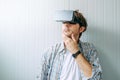 Man with VR goggles exploring virtual reality econtent Royalty Free Stock Photo