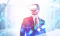 Man in VR headset in city, virtual graph Royalty Free Stock Photo