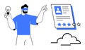 Man with VR Headset Holding Lightbulb and Pointing at Online Profile with Star Rating Royalty Free Stock Photo