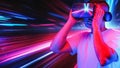 A man in a VR headset immerses in a digital world, indicated by a backdrop of vibrant neon light trails. The image illustrates the