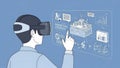 Man in VR headset interacting with virtual interface showing data and 3D models Royalty Free Stock Photo