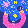 Man with a VR headset sees virtual reality space, planets, comet. Illustration of future technologies with cute hand drawn doodle Royalty Free Stock Photo