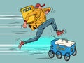 Man vs robot, food delivery. Courier competes with new technologies