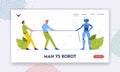 Man vs Robot Landing Page Template. Business Characters Fight Against Artificial Intelligence. Human Cyborg Tug of War Royalty Free Stock Photo