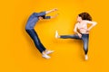 Man vs woman battle concept. Two people ninja full size photo have karate kickboxing training fight kick legs guy lose