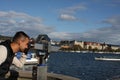 Man waching a landmarks od Zurich in Swiss. Royalty Free Stock Photo