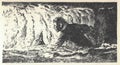 A man wades through water in a cave. Old black and white illustration. Vintage drawing. Illustration by Zdenek Burian. Royalty Free Stock Photo