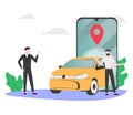 Man wait for taxi driver vector illustration concept, Online car sharing with cartoon character and Royalty Free Stock Photo