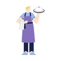 Man Waiter Character in Purple Apron Standing with Tray Vector Illustration