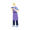 Man Waiter Character in Purple Apron Standing and Write Order Vector Illustration