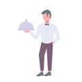 Man waiter holding metal serving try with cover cloche restaurant staff concept male cartoon character full length flat