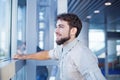 Man waiting for his flight in the international airport