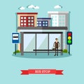 Man waiting for a public transport at bus stop. City urban landscape vector illustration in flat style.