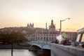 Man waiving an Algerian flag in the center of Lyon, with landmarks such as the Basilique Notre Dame de Fourviere Church Royalty Free Stock Photo