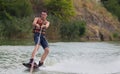 Man wakeboarder on pond in park Royalty Free Stock Photo